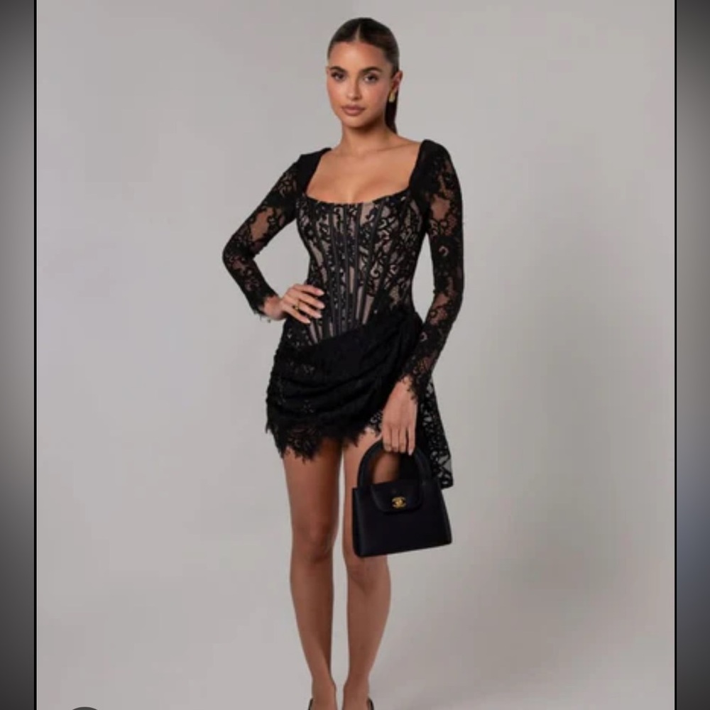 Heiress Beverly Hills black long sleeve lace corset draped mini dress